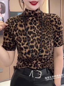 Early Autumn Fashionable Leopard Print Short Sleeve T-Shirt Womens Euro Style Half High Collar Slimming Base Shirt Top