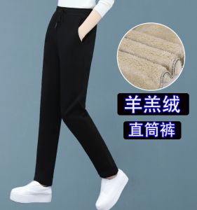 Womens Casual Fleece Lined Thickened Lamb Velvet Sport Pants High Waist Straight Leg Long Trousers Cotton Polyester Blend
