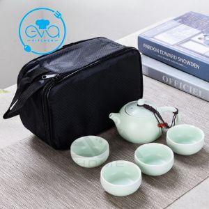 Bộ Ấm 4 Chén Trà Men Nhữ Diêu Màu Xanh Ngọc Nhạt Kèm Túi Đựng Sang Trọng
