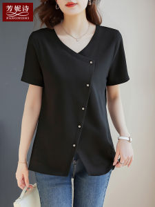 เสื้อยืดคอกว้างสีดำแขนสั้นผู้หญิง ทรงหลวม ทรงเข้ารูป แฟชั่นฤดูร้อน ทรงหลวม แขนสั้น คอกลม เสื้อผ้าทำงาน
