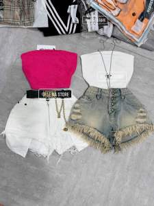 quần jean đùi  quần bò nữ lưng cao 4 nút phối rách tua rua dáng ôm tôn dáng thời trang  DAUTAY