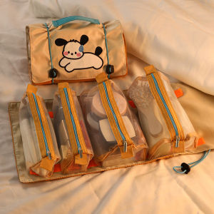 กระเป๋าเครื่องสำอางพับได้ความจุขนาดใหญ่ สไตล์การ์ตูนน่ารัก กระเป๋าใส่เครื่องสำอาง 4 ฟังก์ชันในตัว กางเกงขาวยาว