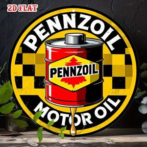 2D Flat Racing Design Round Aluminum Sign - Pennzoil Brand Motor Oil Metal Tin Wall Decor Black & Yellow Checkered Flag Design