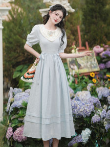French Vintage Blue Court Style Fleeing Princess Birthday Dress Super Beautiful Butterfly Knot Slimming Dress Womens Gown