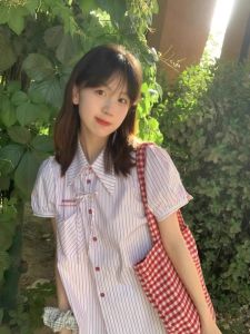 Pink Sweet Striped Short Sleeve Shirt Women Summer Small Bubble Sleeve Short Style Butterfly Knot Blouse Top French Style Straight Cut