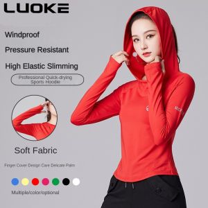 Luoke เสื้อมีฮู้ดผ้ายืดหยุ่นสูงสำหรับผู้หญิงเสื้อกีฬาแขนยาวสำหรับใส่วิ่งกลางแจ้งเข้ารูปพอดี