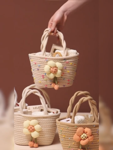 Straw Woven Bucket Bag for Women Korean Beach Casual Crossbody Shoulder Bag Small Purse Versatile Floral Vine Basket Bag