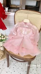 Set áo dài tết chân váy cách tân BERNIE kids phối viền thêu thỏ bé gái kèm cài ngọc 1 đến 7 tuổi 0823B009