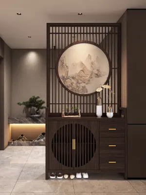 Modern Chinese Style Solid Wood Entry Shoe & Entryway Storage Cabinet with Screen and Divider