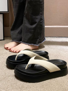 Thick Heel Thong Slippers Women Summer Outdoor Wear 2025 New Heightening Casual Holiday Beach Shoes Leather Inner Material