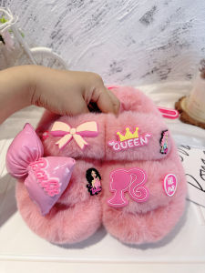 Pink Furry Slippers for Girls Cotton Princess Style Anti-Slip Rubber Bottom Flat Heel Winter Childrens Shoes Adorable One-Strap