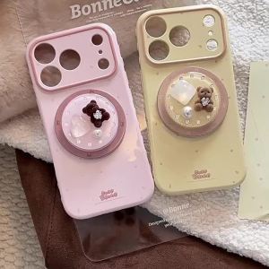 Potdemiel | Ốp Điện Thoại iPhone Hình Gấu 3D Hoạt Hình Hàn Quốc Đính Đá Kim Cương Ngọc Trai Nam Châm Chống Sốc Mềm Mại Có Chân Đế Tương Thích Với Nhiều Mẫu Máy
