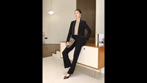 Cosuits High Quality Long Sleeve Collar Business Formal Office Suit Long Pant Knee Length Skirt Black Size S-4XL