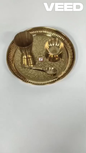 Decorative Brass Flower Embossed Pooja Thali Set (4 Pcs) | Plate Bowl Glass & Spoon for Temple Home Bhog Festive Décor & Gifting