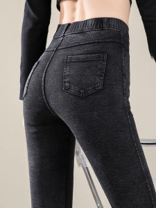 สูง เอว ผ้าขนแกะ เรียงราย สลิมฟิต กางเกงยีนส์ ผู้หญิง ฤดูใบไม้ร่วง ดินสอยาวน่องเล็กแฟชั่น กางเกง ผ้าฝ้าย ยืด เดนิม ต่อต้านริ้วรอย