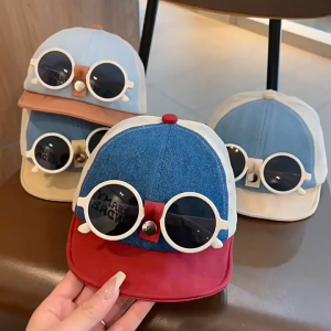 Baby Sun Hat Detachable Glasses Breathable Mesh Soft Brim Summer Cap Toddler Adjustable UV Topi Kanak