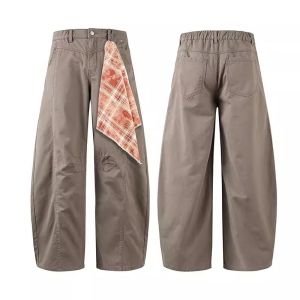 Quần Ống Rộng American Retro Plaid Scarf Splicing Casual Loose plus Size Mens Knife Edge Pants Straight Leg Polyester Fiber