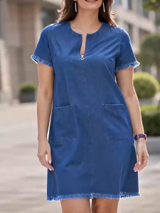 D#8618 women casual dress solid denim short sleeve zipper plus size summer
