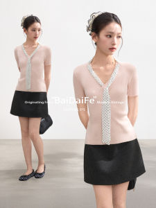 BAIDAIFEI | Pink Polka Dot Slim Fit V-Neck Illusion Two-Piece Knit T-Shirt
