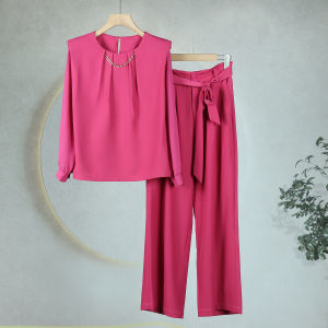 Spring New Arrival Slimming High Waist Wide Leg Pants Long Sleeve Two Piece Set Fashionable plus Size Womens Ensemble