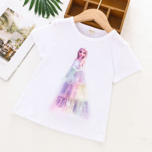 Girls Cotton Elastic Three-Dimensional Cartoon Princess Short-Sleeved T-shirt Summer Thin Children Baby Fashionable round Neck Top