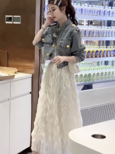 Retro American Denim Jacket Womens Design Sensation Mesh Mini Skirt Two-Piece Set Autumn 2025 New Style Fashionable Ensemble