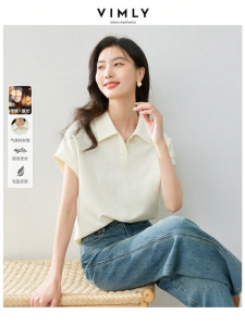 Vimly | Vimly Casual Polo Neck T-Shirt Womens Summer New Loose Shoulder Sleeve Commute Style Cotton Blend Fashionable Top