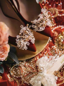 Red Chinese Style Wedding Shoes High Heels Two-Way Wear New Bride Dress Code Engagement Party Shoes Fashionable Sweet Style