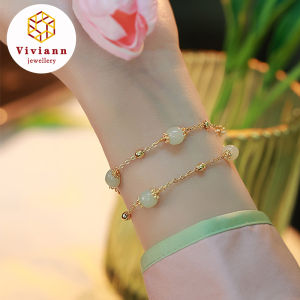 Viviann Original sterling silver Hetian Jade Double Layer Bell Pendant Bracelet  Adjustable Gold Bracelet Green Jade Green Beaded Bracelet For Men Women Fashion Handmade Gemstone Jewelry Gifts