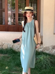 Korean Style Summer Casual Solid colors Loose Sleeveless Round Neck Ruffled Dress For Women