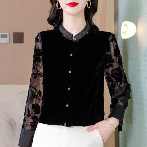 เสื้อเชิ้ตแขนยาวผ้ากำมะหยี่สีทองสไตล์ย้อนยุคสำหรับผู้หญิง ฤดูใบไม้ร่วง 2024 แฟชั่นสุดเก๋ ทรงหลวม ปกติ ปกติ