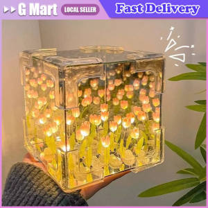 DIY Handmade Tulip Mirror Cube Lamp Simulation Flower Bedroom Sleeping Table Lamp Craft Tulips Mirror Night Light Birthday Gift