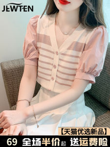 Summer Thin Ice Silk Stripe Knitted Top Womens Short Sleeve T-Shirt Bubble Sleeve V-Neck European Style Ladies Fashion