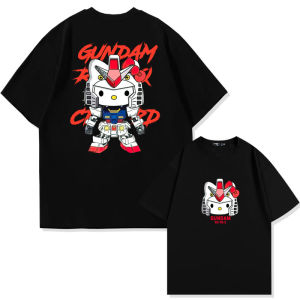 ULEEK Hello Kitty Joint Gundam Short Sleeve Mens T-shirt Cotton Short Sleeve Tops Tee Cartoon Anime Men and Women T Shirts Clothing