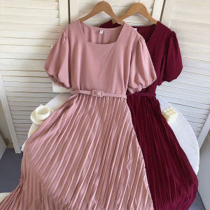 Retro French Style Korean Version Square Collar Bubble Short Sleeve Slimming Pleated Mid-Length Maxi Dress for Women