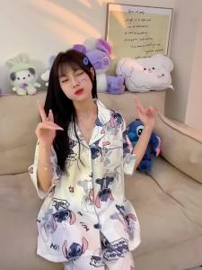 Japanese Style ins Stitch Pajamas for Women Ice Silk Summer Short Sleeve Three-Piece Set Thin Loose Homewear for Students