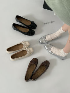 Minimalist Spring Summer New Butterfly Knot Flat Head Square Toe Womens Shoes Silver Color Gentle Bean Shoes Fashionable Flats