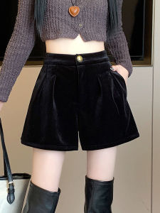 High Waist Velvet Shorts Womens Autumn Winter Loose Wide Leg A-Line Base Layer Boot Pants Korean Style Commute Simple Design