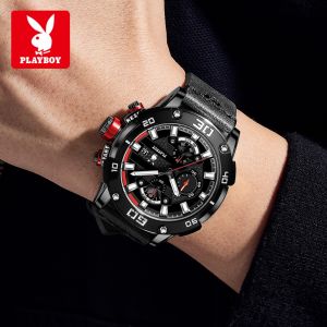 PLAYBOY Men Sports Watch Chronograph Waterproof Luxury Quartz Wristwatch Leather Strap