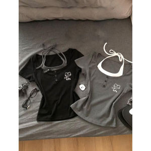 Sweet And Spicy Style Short Sleeve T-Shirt Womens Summer Slim Fit Cute Homebody Fake Two-Piece Printed Cotton Short Sleeve