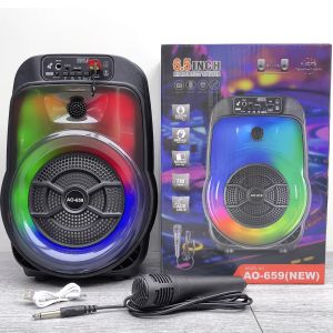 New 6.5 Inch Outdoor Portable RGB Liaht Wireless BT Speaker FM Radio Stereo Bass Karaoke Blue-tooth Speaker for Party & Home Use AO-659