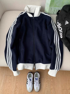 Cleanfit Blue Striped Sporty Short Jacket Mens Spring Autumn Stand Collar Zipper Closure Casual Sweatshirt Outerwear