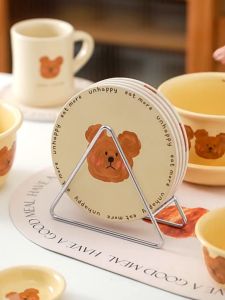 แผ่นรองแก้ว ที่รองแก้ว แผ่นรองจาน ลายน้องหมี สำหรับห้องครัว ร้านกาแฟ หนัง PU กันลื่น แห้งไว