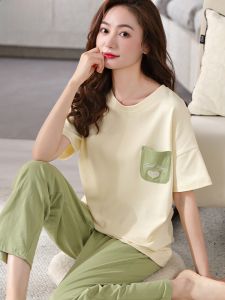 miiow | Pure Cotton Summer Thin Short Sleeve Long Pants Sleepwear Womens Cute Cartoon Home Clothes Can Be Worn Outside MiiOW Cat Person