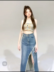Plus size denim skirt with raw edge womens irregular high waist bottoms with left slit A-line skirt