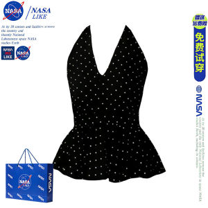 NASA Black Polka Dot Halter Neck Vest Womens Summer Slimming Short Sleeveless Top Trendy Commute Style Polyester Fiber