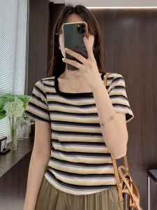 Summer Stripe Short Sleeve T-Shirt Womens Fashion Slim Fit Shoulder Length Square Collar Top Ultra Cute Trendy 2024 New Arrival