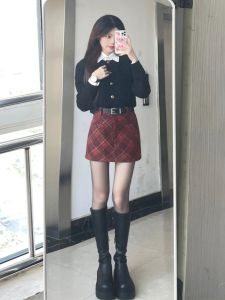 Red Plaid Woolen Mini Skirt Womens A-Line Wrap Body Retro Short Skirts Commute Korean Style High Waist Short Skirts