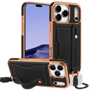 Retro Lychee Grain Wrist Band Phone Case For iPhone 17 16 15 14 13 12 Pro Max Plus Air PU Leather Card Pocket Neck Strap Cover