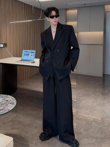 Black Double-Breasted Padded Shoulder Mens Casual Suit Jacket Autumn Winter New Style Loose Fit Fashion Urban Youth Westwear